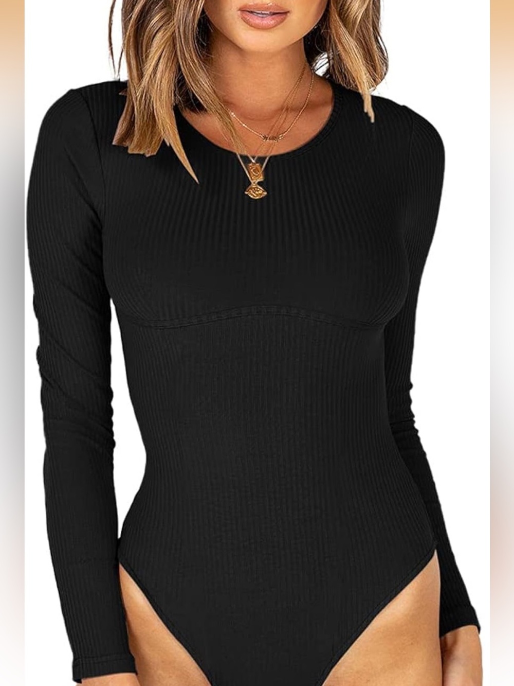ReoRia Black Ribbed Long-Sleeve One-Piece Bodysuit